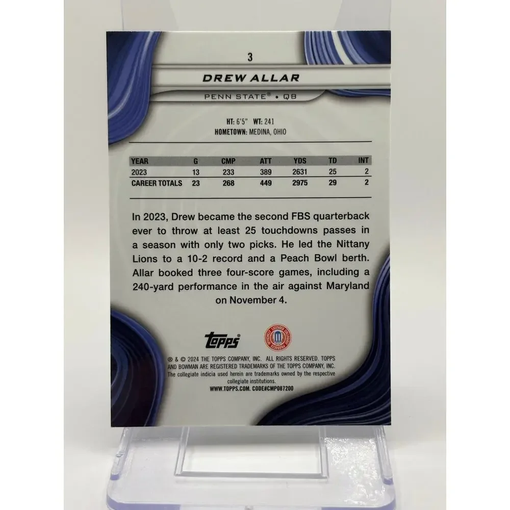 2024 Bowmans Best U DREW ALLAR Aqua Refractor 157/225 SP Penn State Steelers